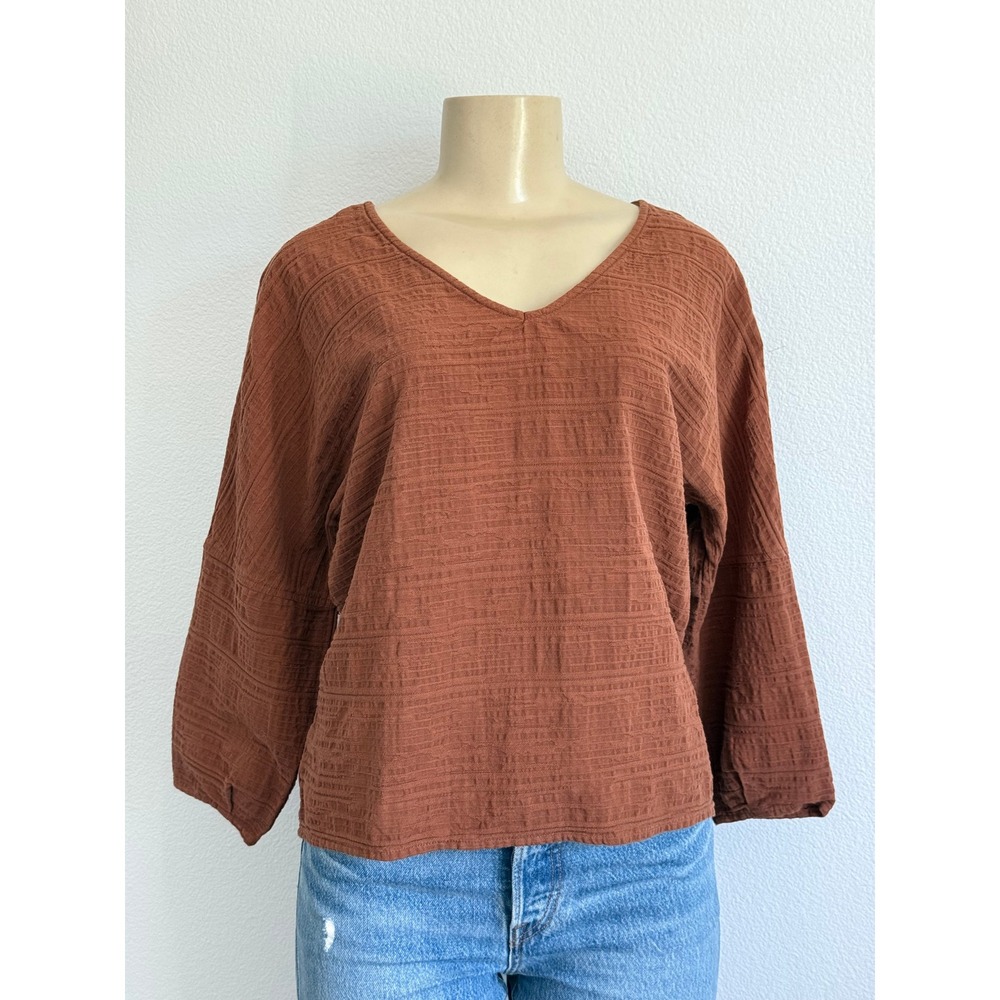 REI Rust Brown Textured Cotton Blouse Boho Minimalist Dobby Weave VNeck Gorpcore
